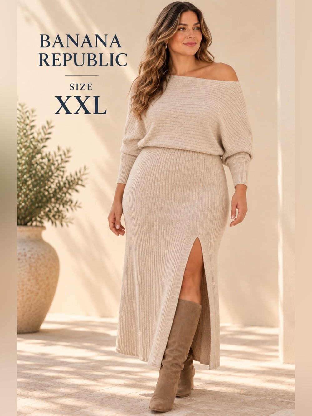 Banana Republic Aurelia Ribbed Off-the-Shoulder Maxi Sweater Dress Oatmeal XXL